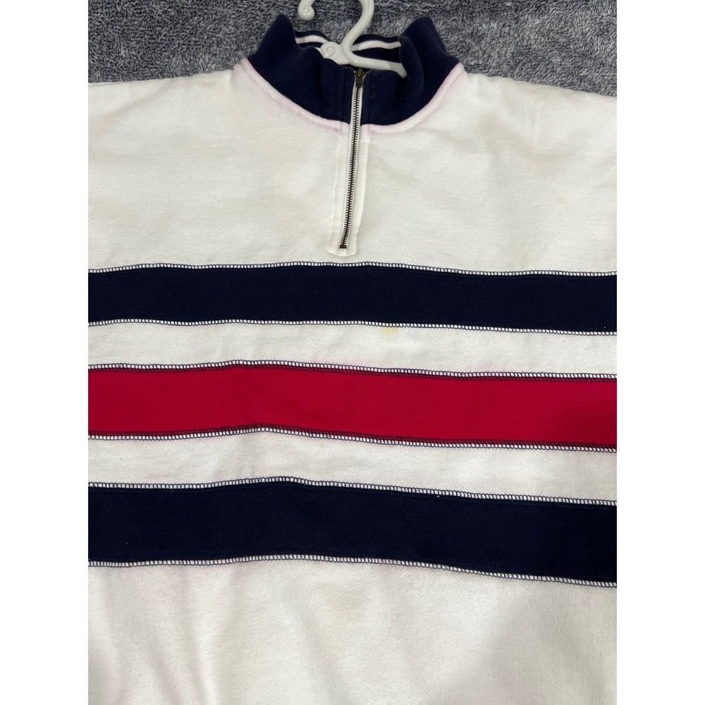 Club Room Mens Quarter Zip Striped Sweatshirt White Navy Red Small Vintage Style